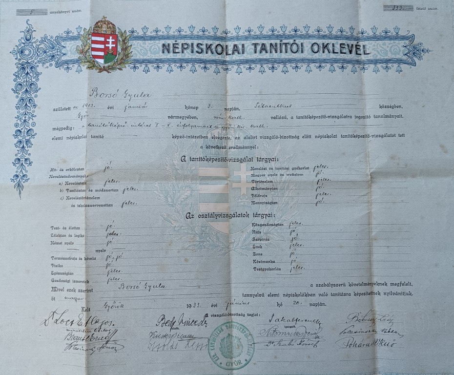 1933. Borsó Gyula tanítói oklevele